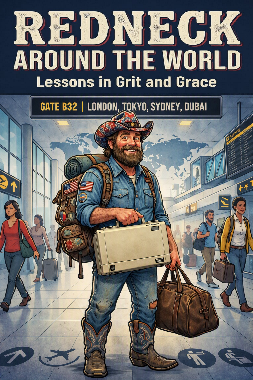 Redneck Around the World book cover — Jerry with backpack, globe, and duffel bag in an airport terminal